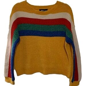 Alice Blue Rainbow Pattern Sweater with Yellow Background Sz L EUC Soft & Cozy.